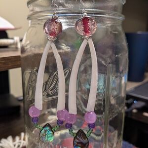 Dentalium Plum Themed Earrings With Abalone Shell